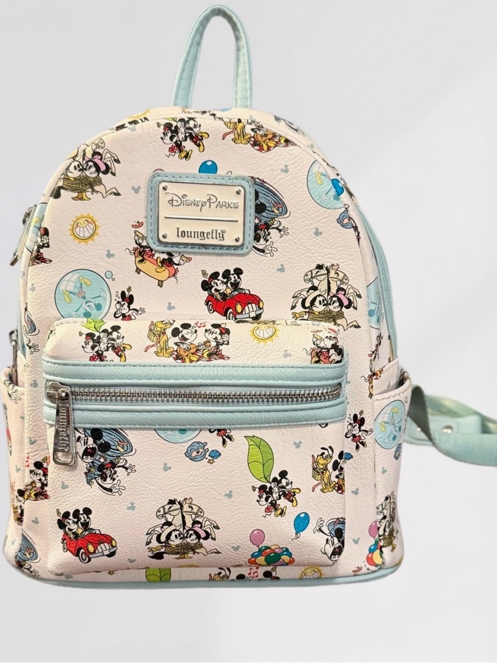Disney Loungefly Mickey & Minnie “Runaway Railway” Mini Backpack Cream/ Lt Blue